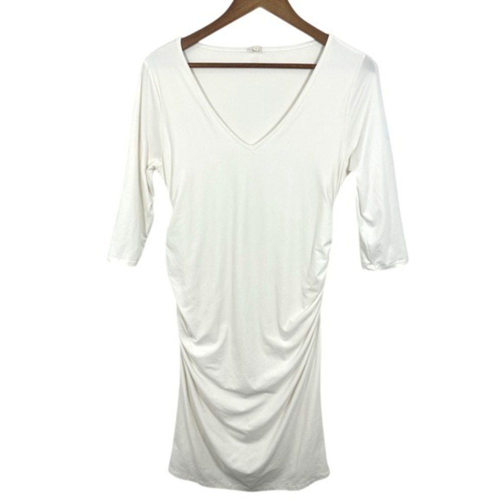Pink Blush White Maternity Dress Ruched V Neck 3/4 Sleeve Mini Dress Baby Shower